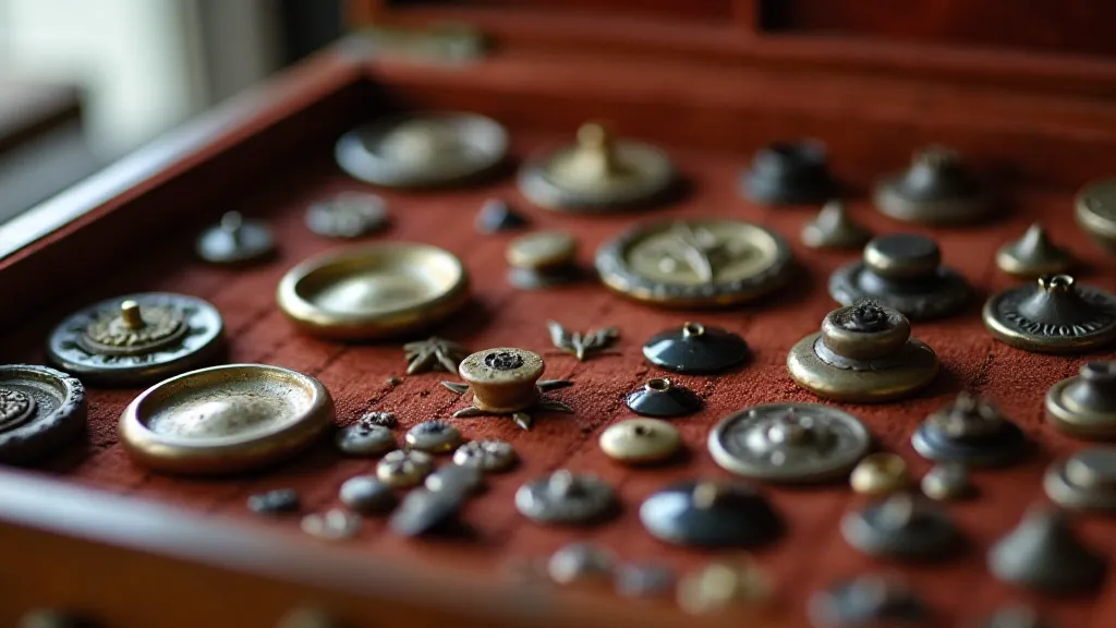 Antique buttons arranged on a tray