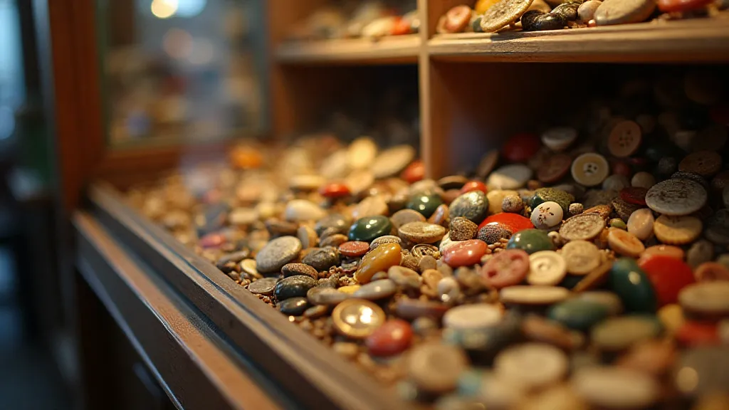 Antique buttons for sale in a display case.