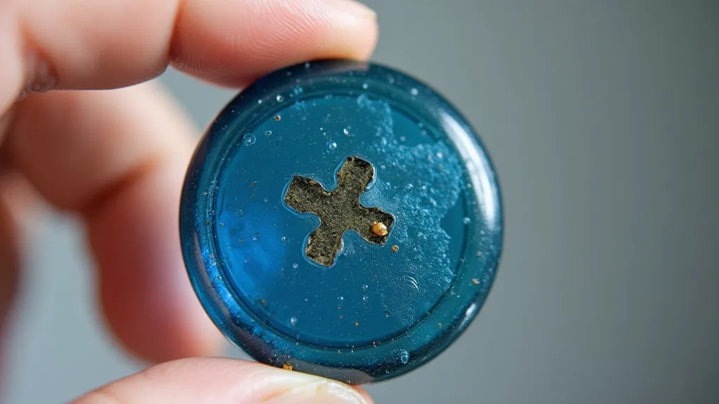 Close-up of an antique blue glass button