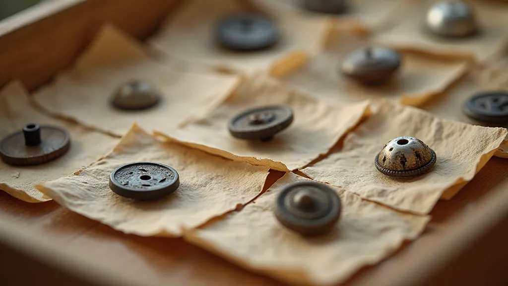 Antique buttons in acid-free sleeves in a storage box