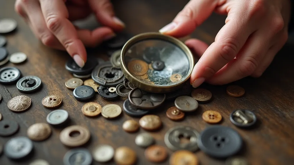A close-up view of a person examining antique buttons.