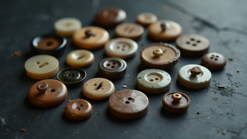 A variety of antique buttons displayed on a dark surface, showcasing different materials, sizes, and designs.