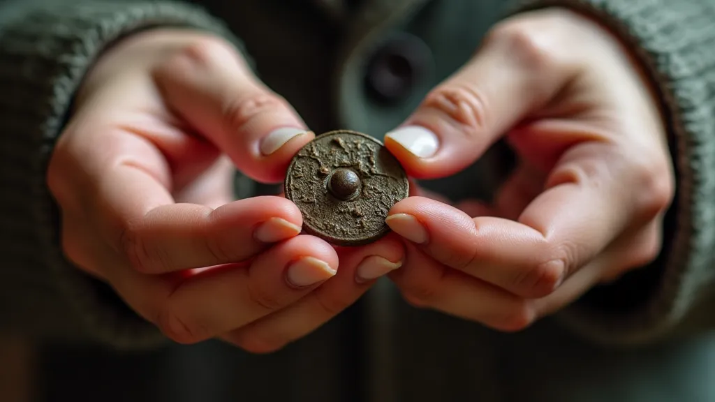 A person's hands gently examining an antique button.