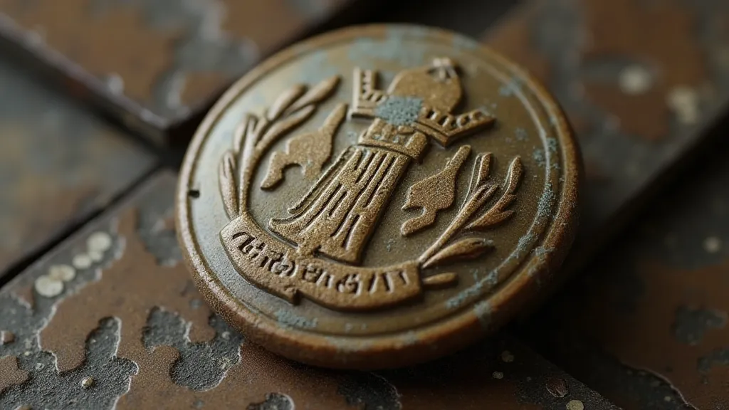 A close-up view of a tarnished but detailed military button with an emblem depicting a historical regiment.