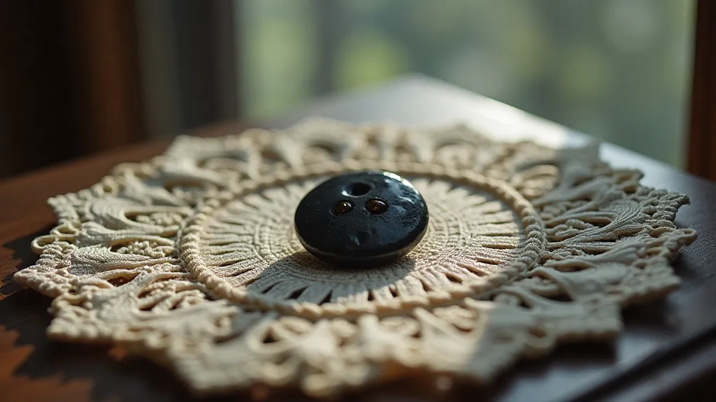 Black mourning button on lace doily