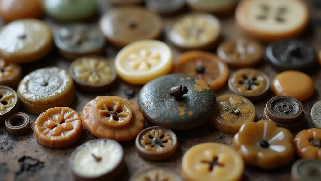 A pile of assorted antique buttons, showing different sizes, colors, and designs.