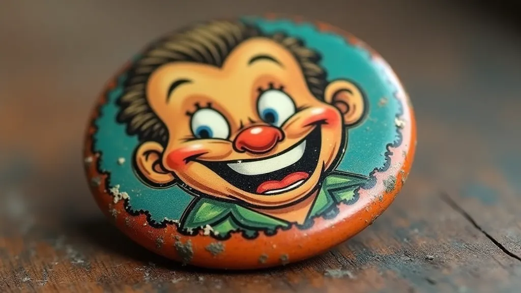 A close-up view of a brightly colored, unusual novelty button with a whimsical design.